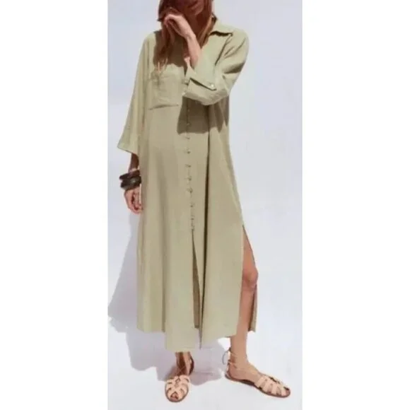 NWOT Zara Sage Green Linen Blend Shirt Dress, Size Small - Picture 2 of 13